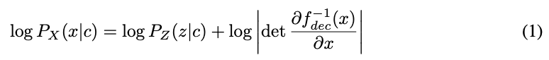 Equation 1. Calculating the exact log-likelihood of the data by using the change of variables
