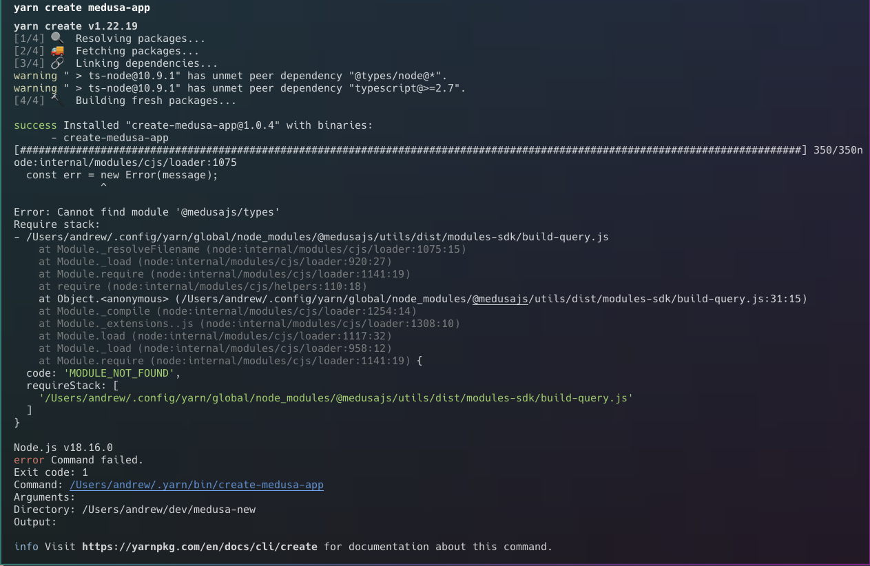 create-medusa-app fails with error: Cannot find module '@medusajs/types ...