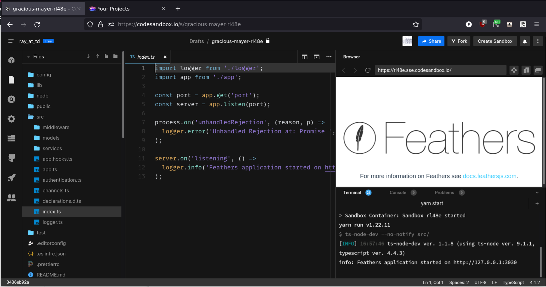 Feathers server on a Chromebook with Firefox