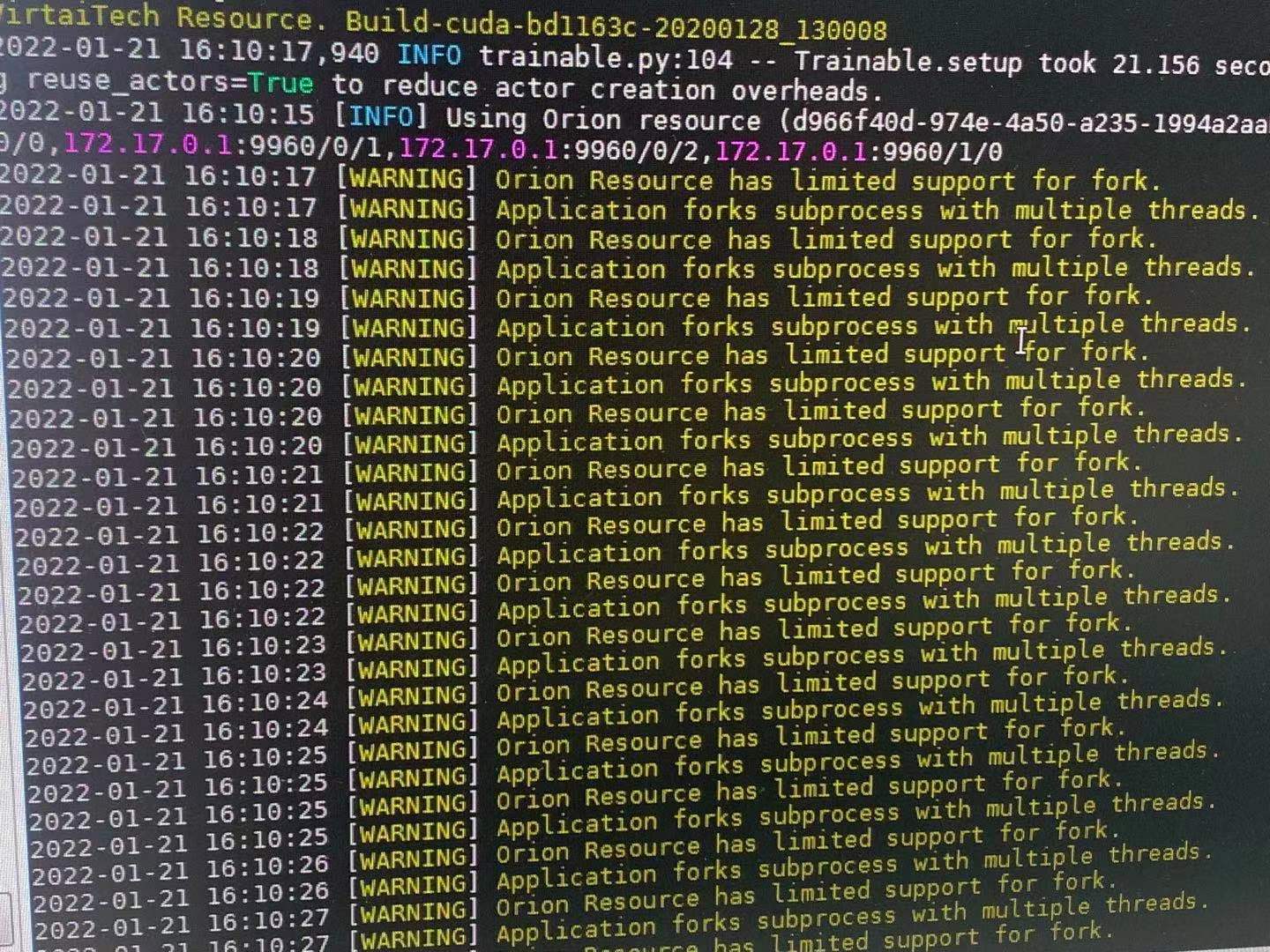 代码运行时，一直报如下orion resource has limited support for fork 的warning，会是什么原因