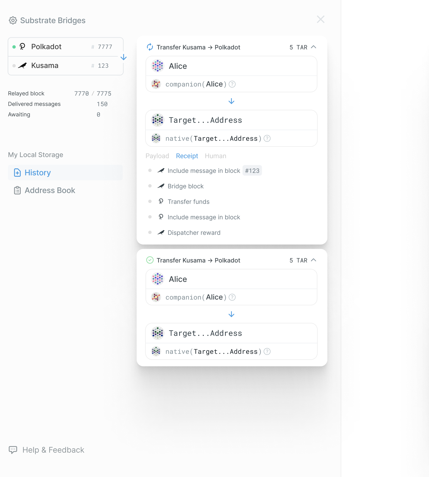 TransactionStatus card, when in the history drawer, should display