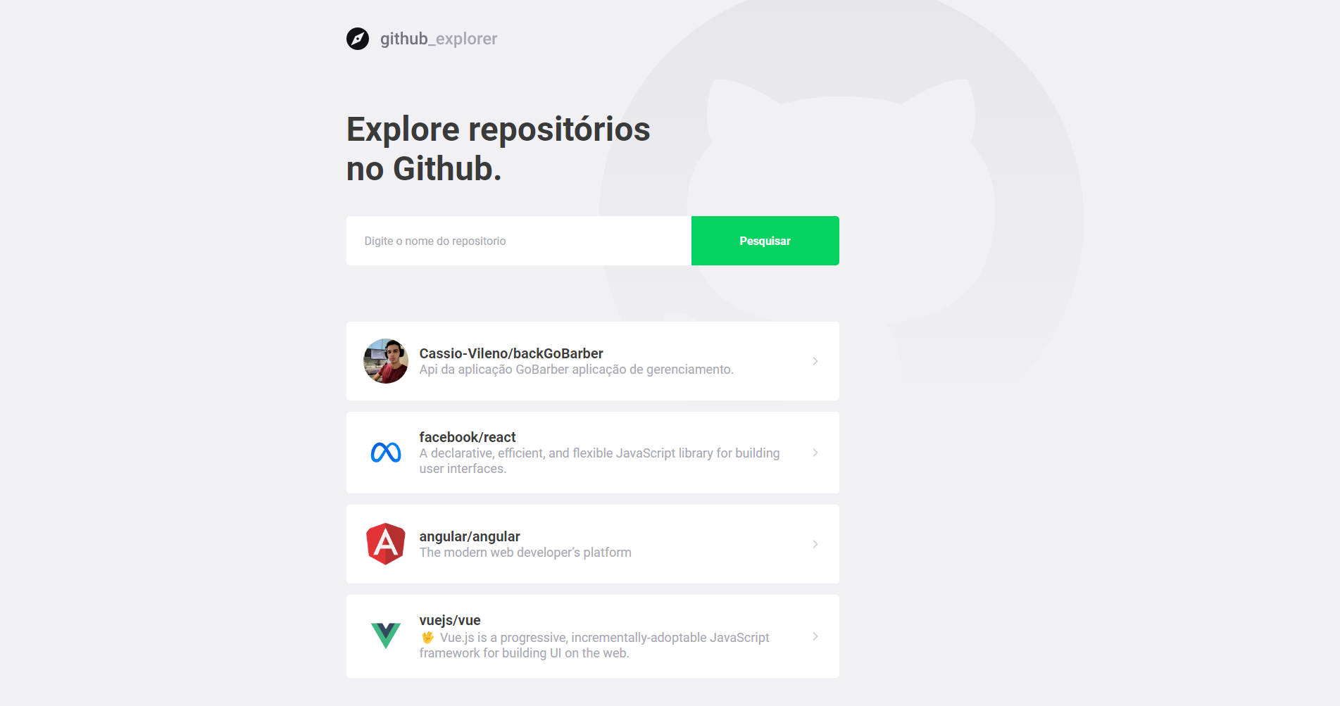 GitHub - Cassio-Vileno/GithubExplorer: Aplicação ReactJs de consumo da ...