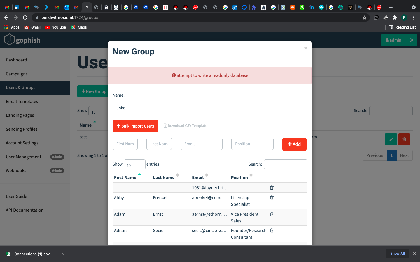 my gophish user and groups doesn't accept .csv files it says i am ...