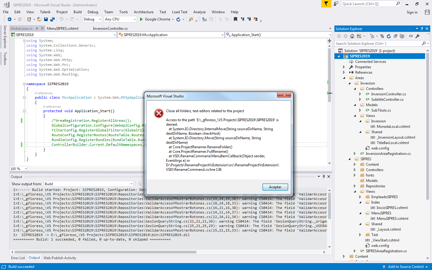Rename with changing namespaces fails always: Close all folders, text ...