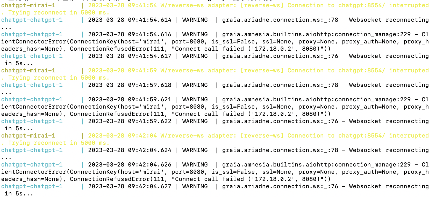 [BUG] W/reverse-ws adapter: [reverse-ws] Connection to chatgpt:8554 ...