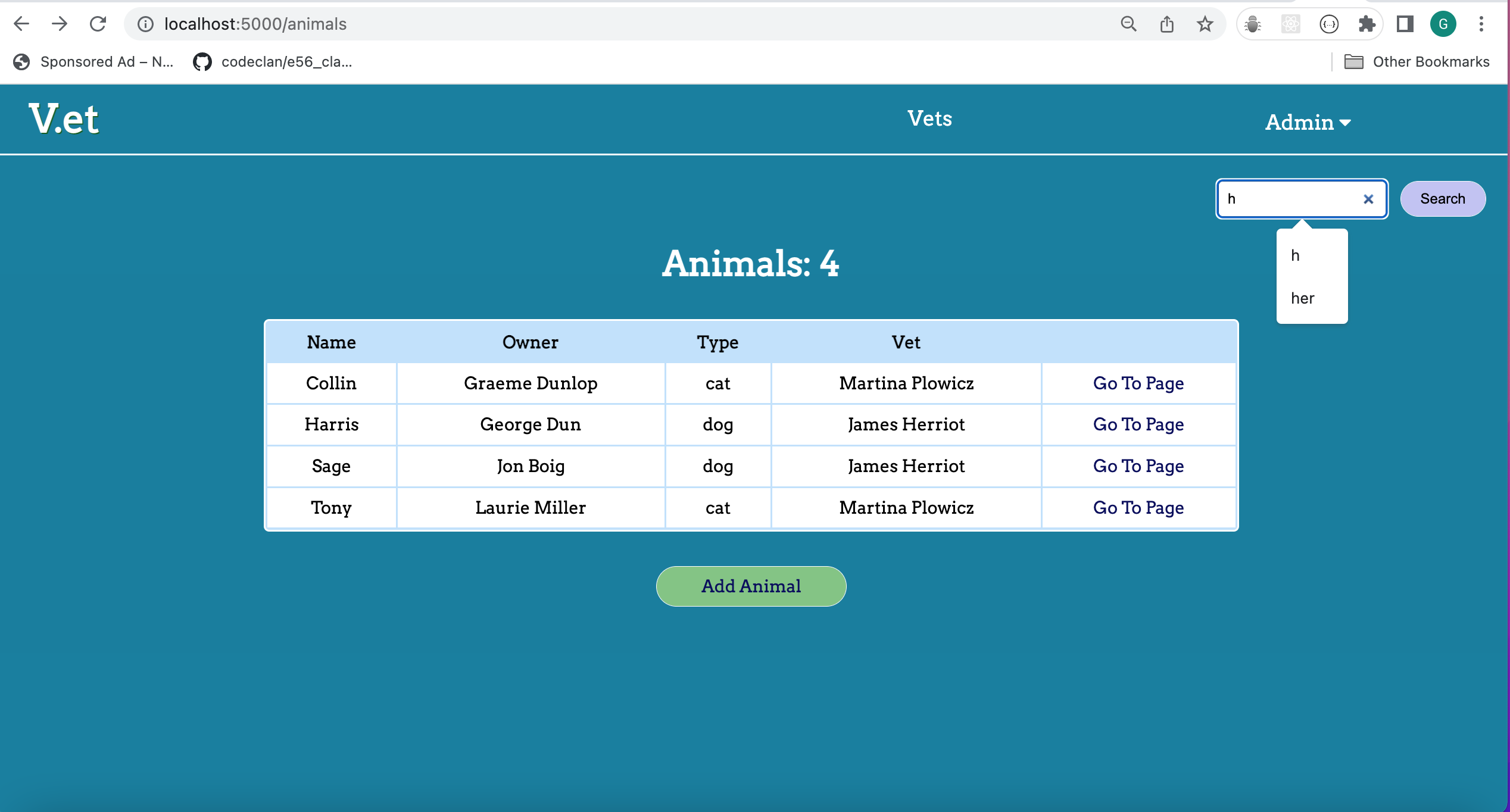GitHub - g-dunlop/Vet-Management-App: Full-Stack app built on week 5 of ...