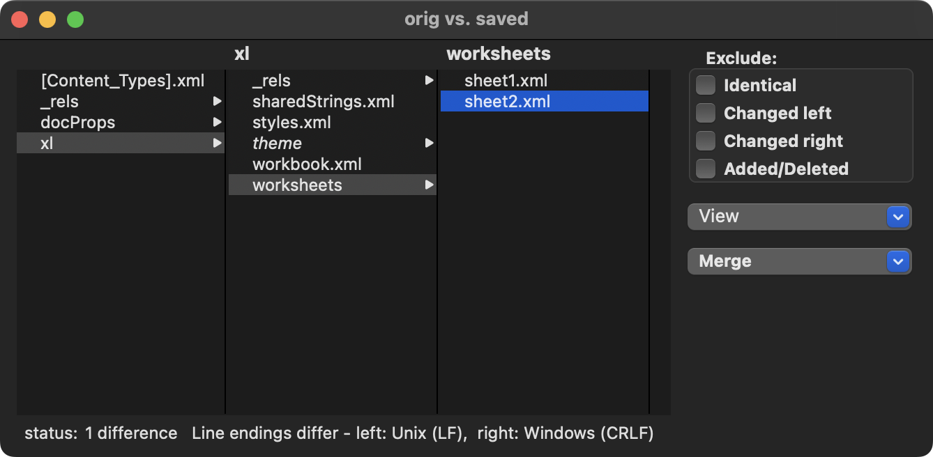 Screenshot from FileMerge showing difference between original and saved version