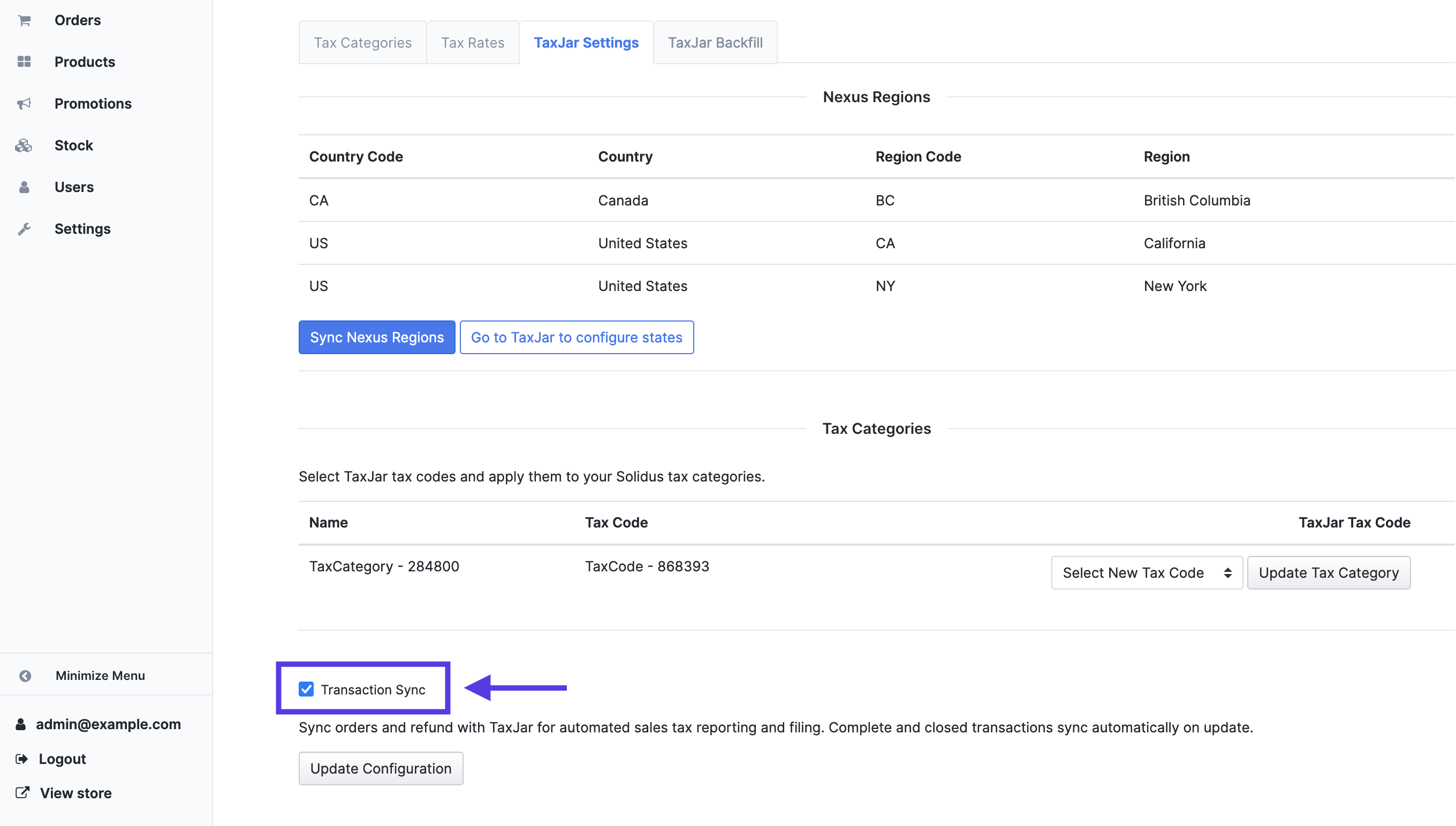 Highlighting the 'transaction sync' configuration checkbox in the Solidus admin