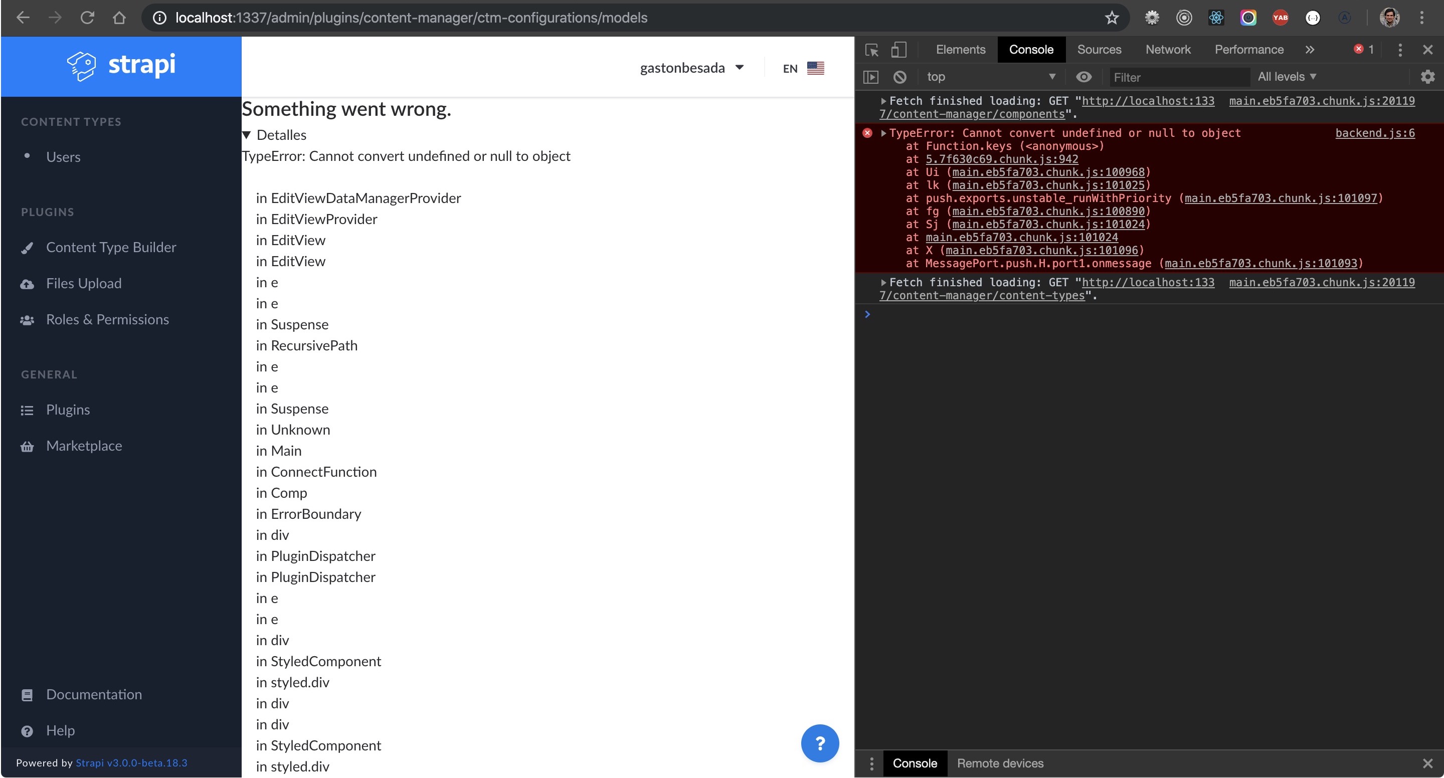 Content manager plugin - Getting error when trying access to settings ...