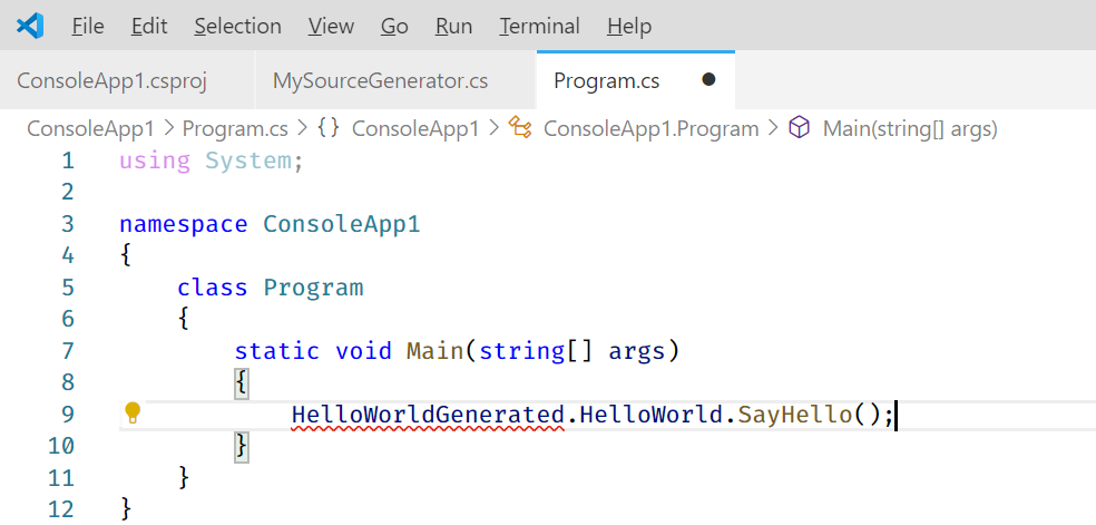 請注意：目前 Visual Studio Code 的 C# 語言伺服器尚未支援 Source Generators 語法，所以會出現以下錯誤訊息：