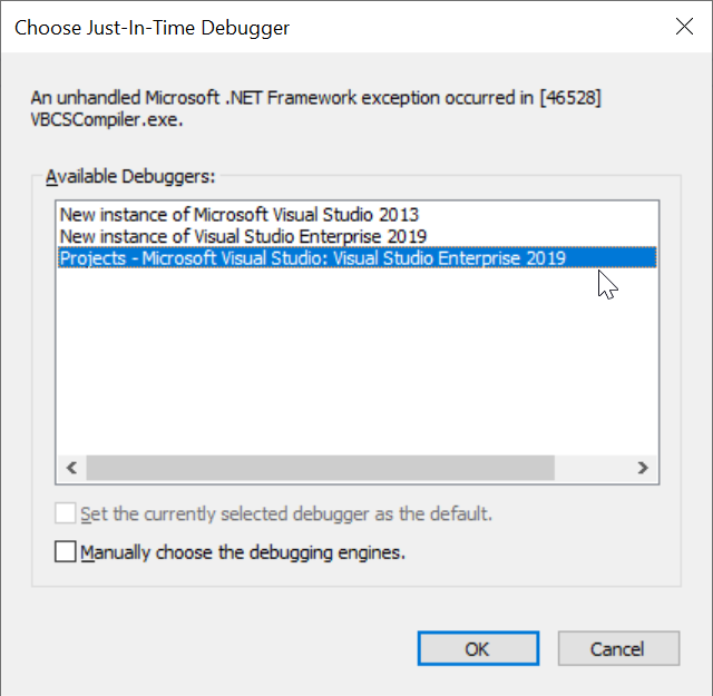 Choose Just-In-Time Debugger