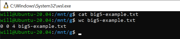 在 WSL 使用 cat 輸出 big5-example.txt 檔案內容