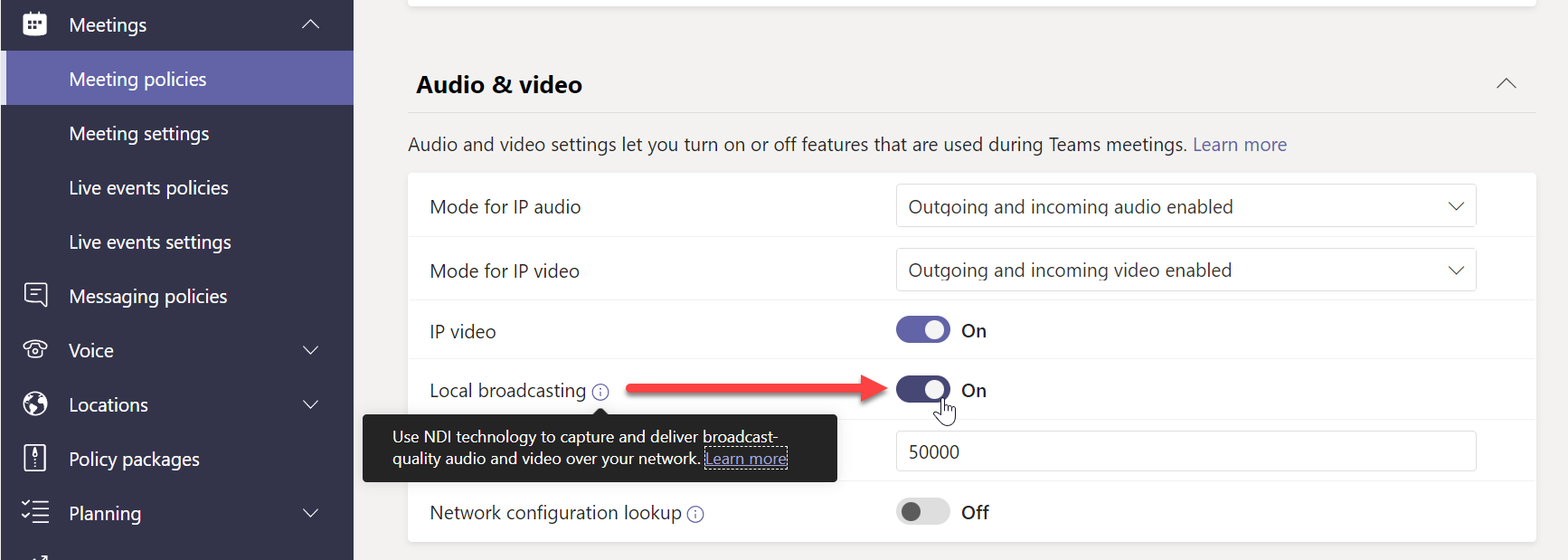 Teams admin center > Meetings > Meeting policies > Local broadcasting