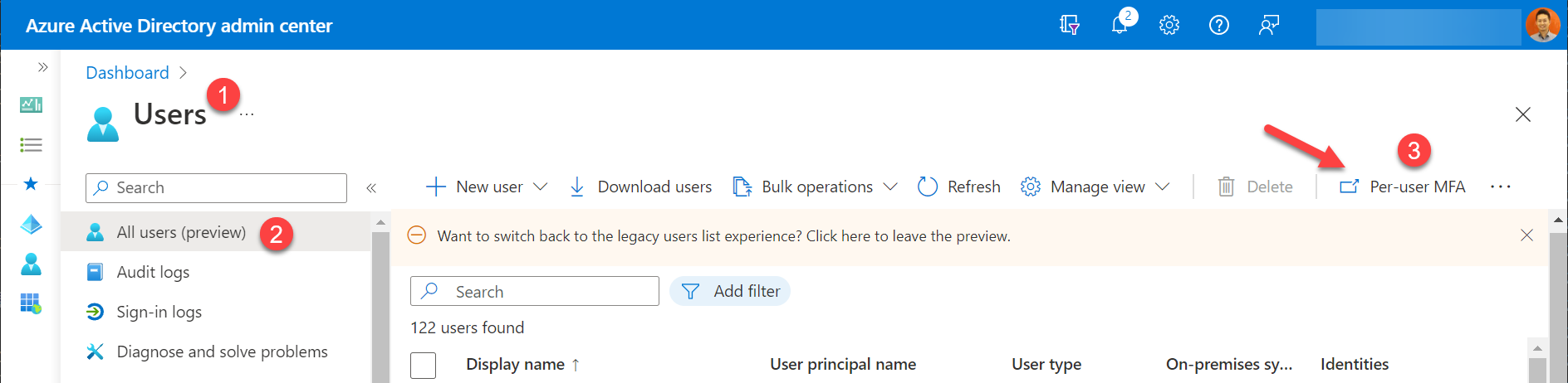 Azure Active Directory admin center > Per-user MFA