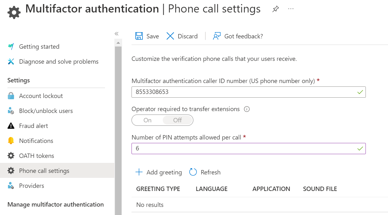 Multifactor authentication | Phone call settings