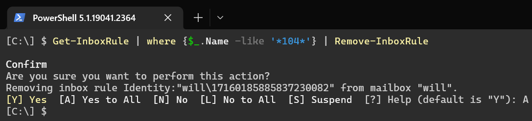Get-InboxRule | where {$_.Name -like '104'} | Remove-InboxRule