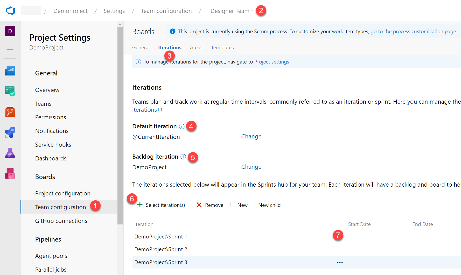 Project Settings > Team configuration > Iterations