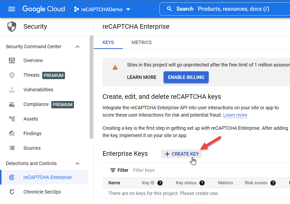 reCAPTCHA Enterprise > CREATE KEY