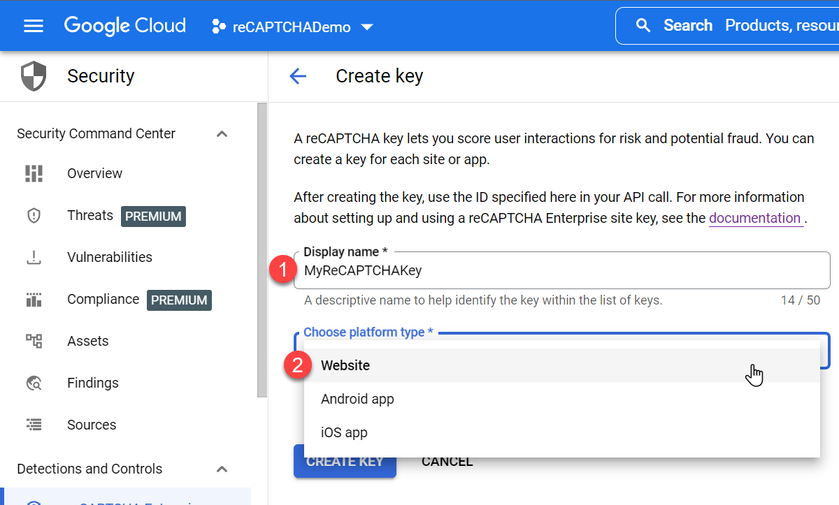 reCAPTCHA Enterprise > CREATE KEY > Display name and Choose platform type