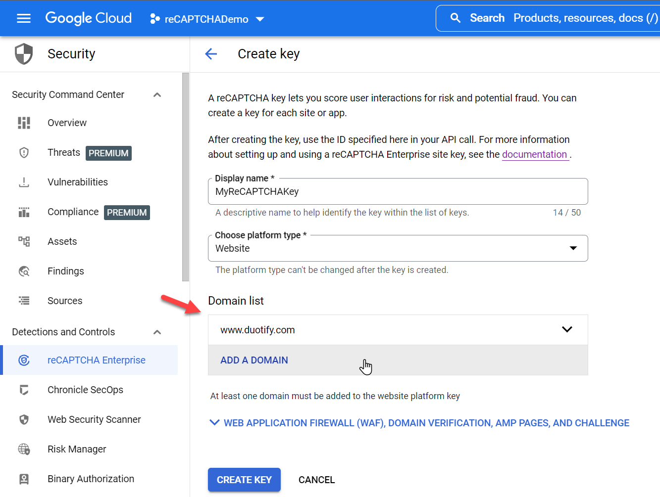 reCAPTCHA Enterprise > CREATE KEY > Domain list