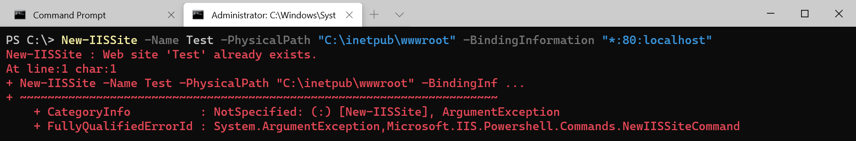 New-IISSite : Web site 'Test' already exists.
