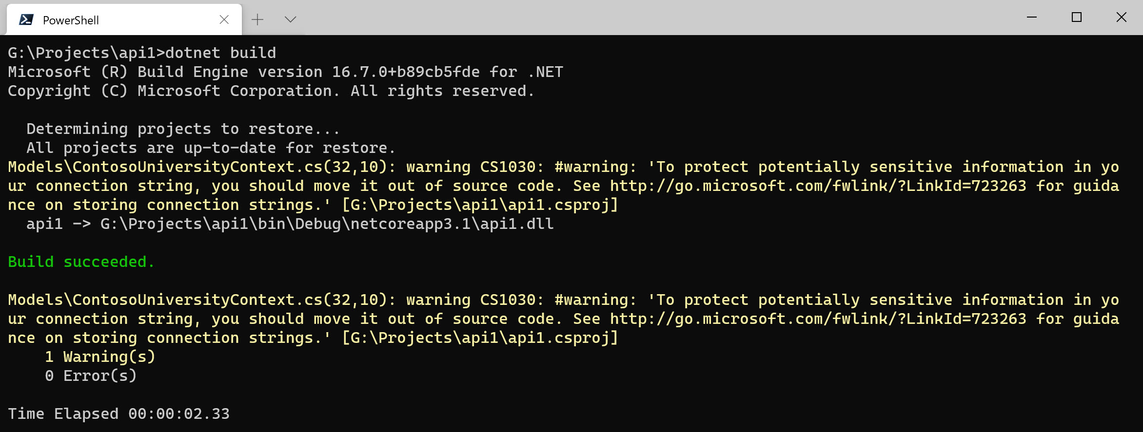 warning CS1030: #warning: 'To protect potentially sensitive information in your connection string, you should move it out of source code. See http://go.microsoft.com/fwlink/?LinkId=723263 for guidance on storing connection strings.'