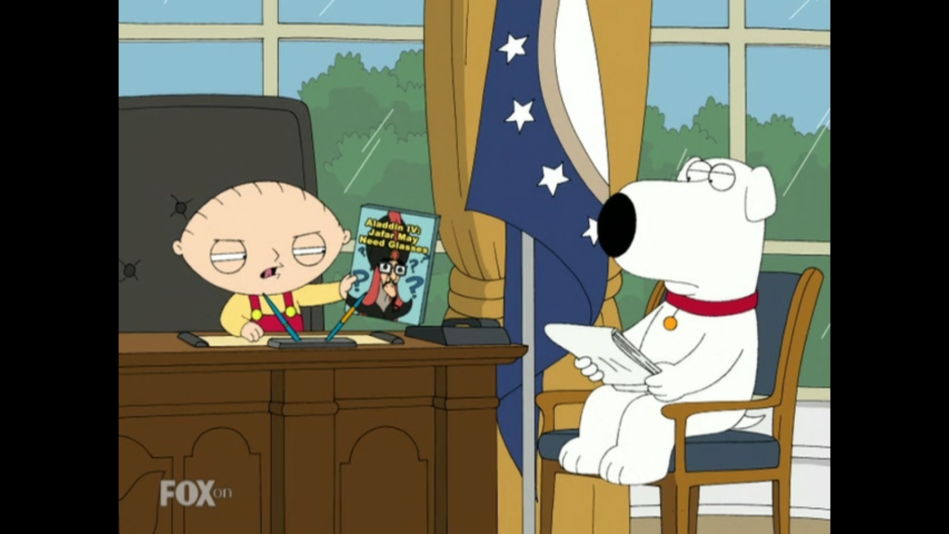 Lil Ark...
About when in the parent film/show does it appear? Ep. 6x05 - "Lois Kills Stewie" Timestamp: - 14:20-14:57 ![Jafar Film Case