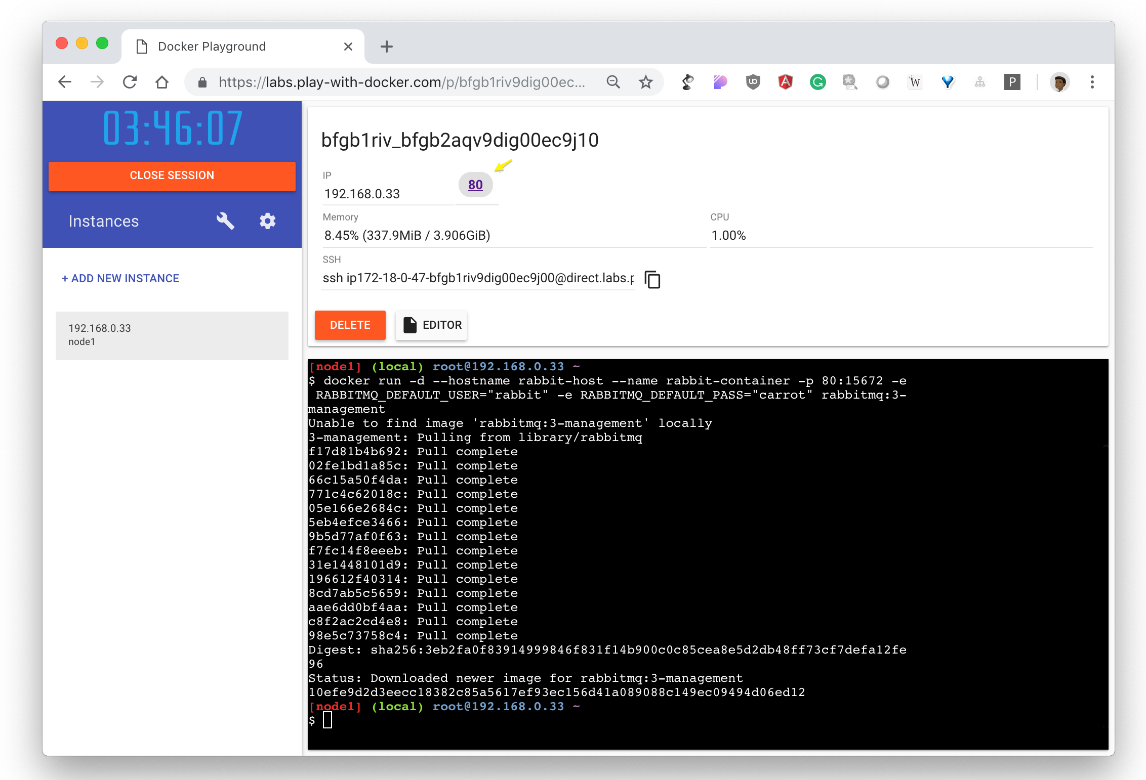 RabbitMQ container running in Play with Docker