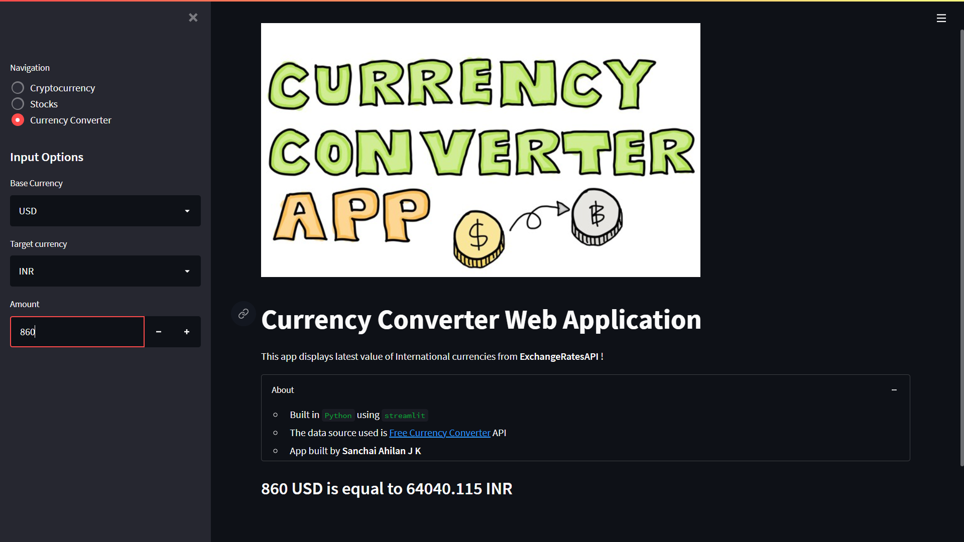 GitHub - SanchaiAhilan/Stocks-and-Cryptocurrency-Price-Web-Application: A  Web Mashup Application using Streamlit Python library that displays current  status of top cryptocurrencies and companies and converts international  currencies with latest ...
