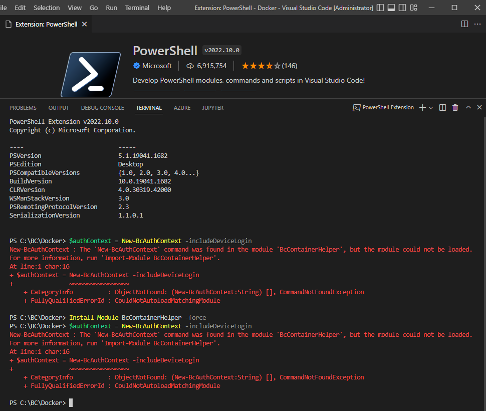 BcContainerHelper in PowerShell Extension for VS Code returns 'module