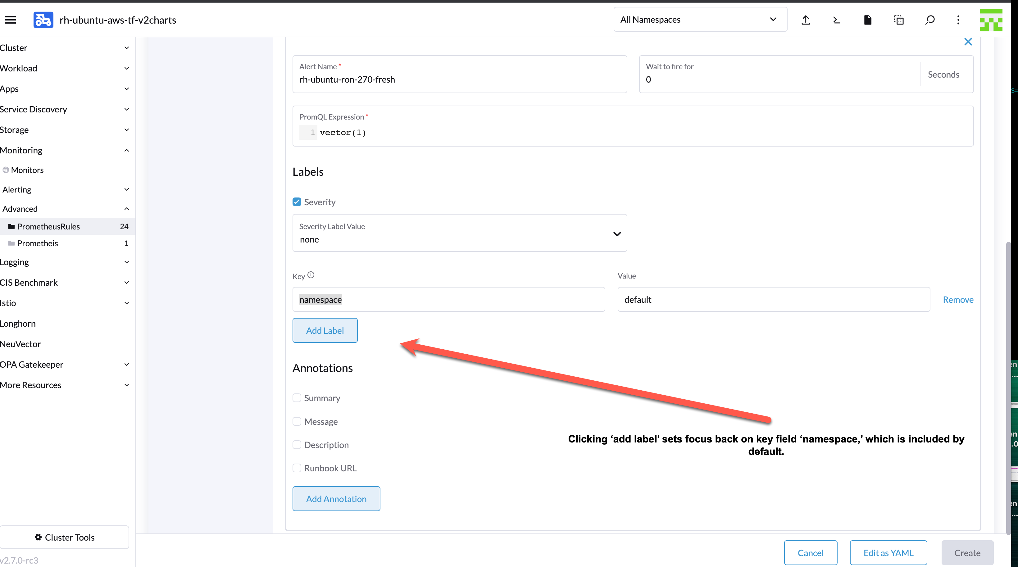 [monitoring v2] in create prometheus rule user cannot `add label` to