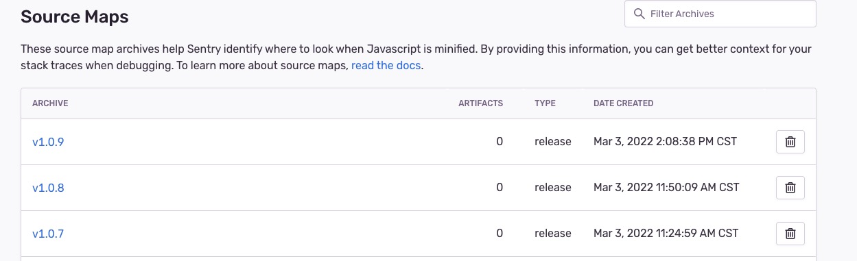 The ARCHIVE number of Source Maps exists, but ARTIFACTS is 0 · Issue ...