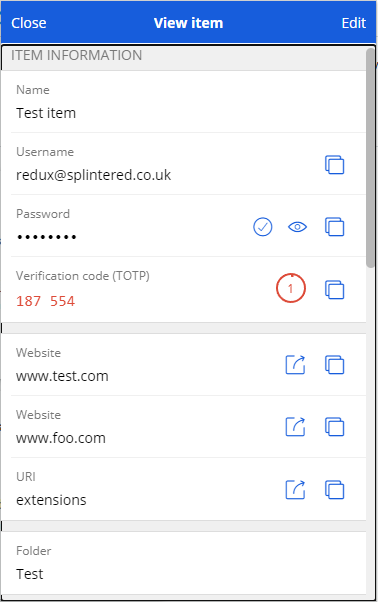 A test item in the popup's item view, showing the new 'Folder: ...' field after the web addresses