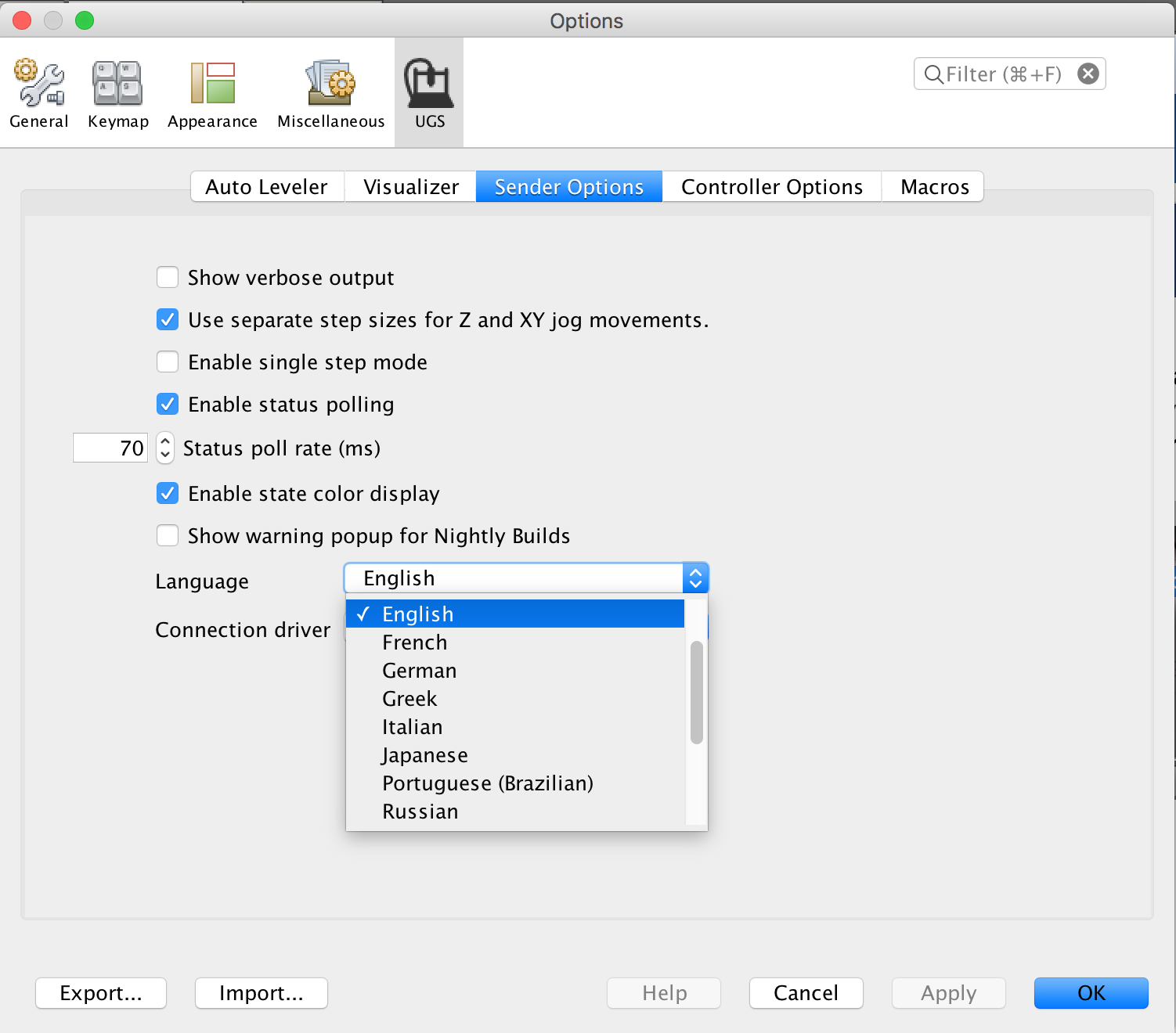 UGS platform language settings