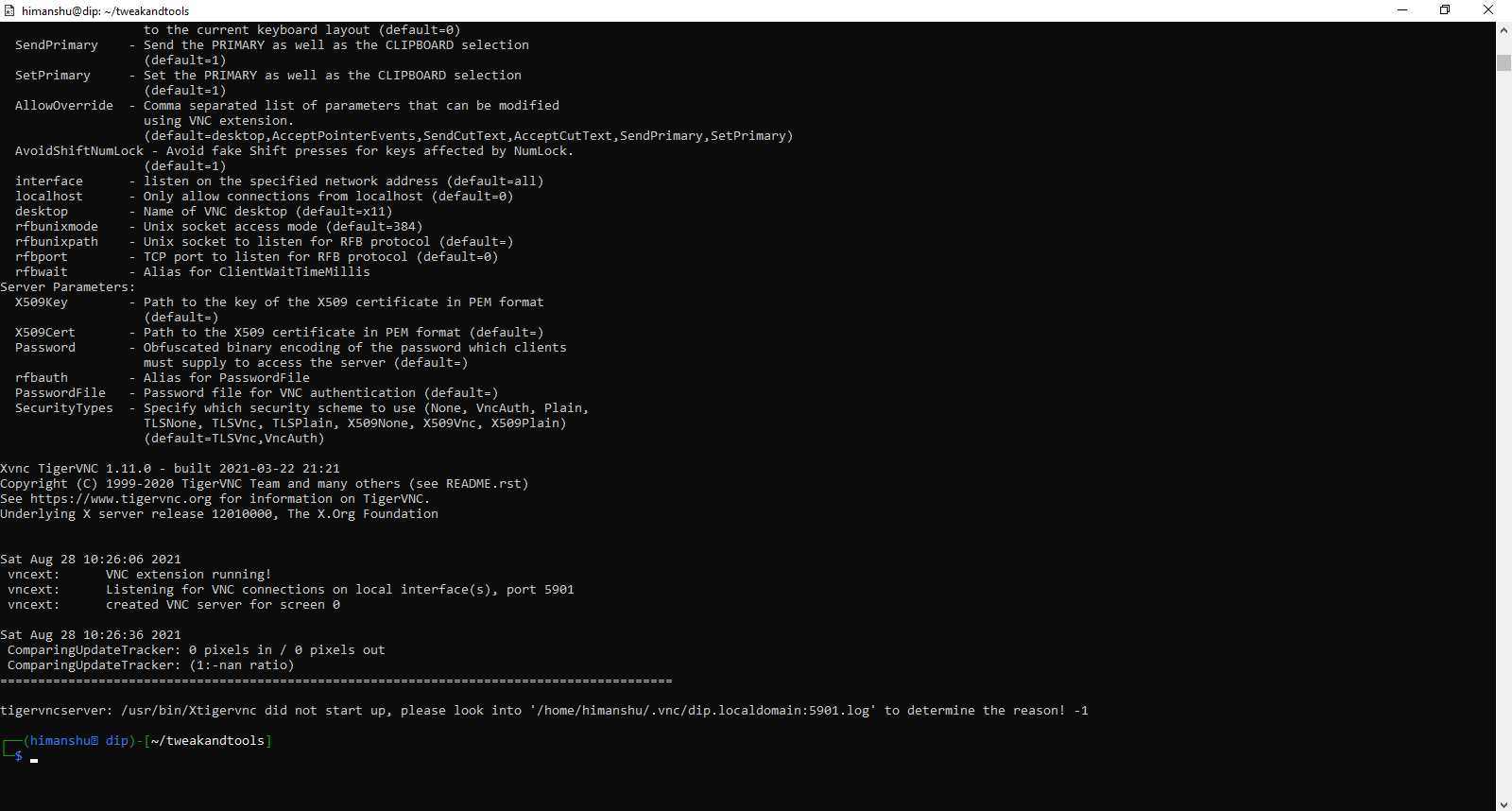 Xtigervnc did not start up [windows kex error while starting kali linux