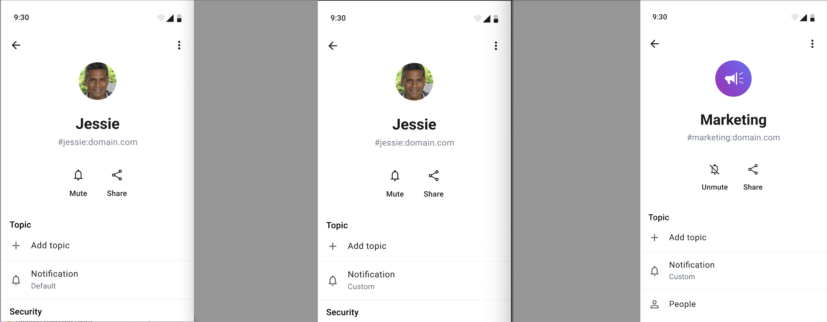 Add a "Mute" shortcut icon and a "Notifications" section in the room ...
