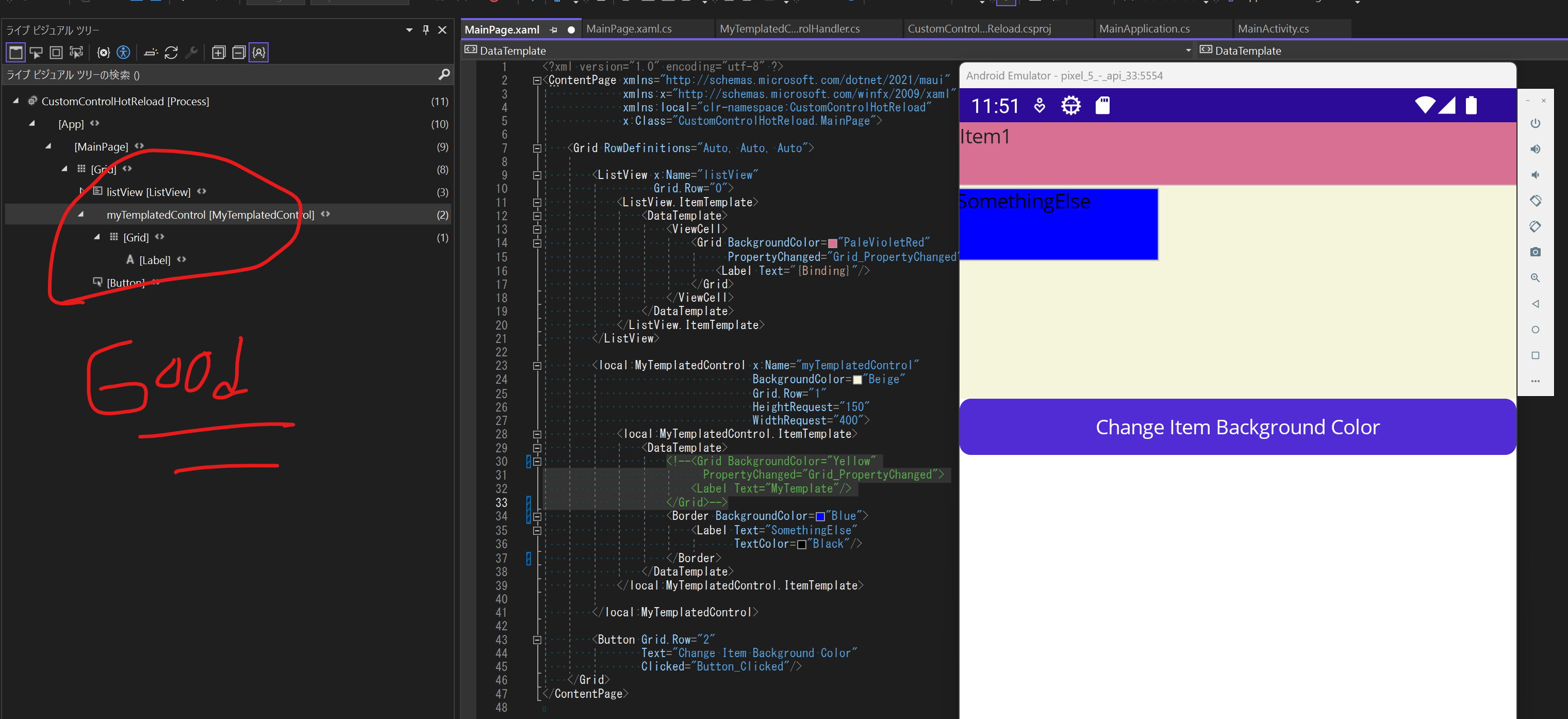HotReload doesn't work for DataTemplate property changes in custom