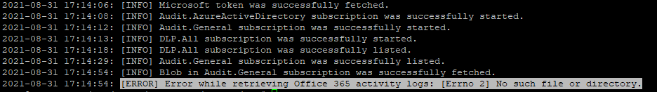 Office 365 API request says"[ERROR] Error while retrieving Office 365 ...