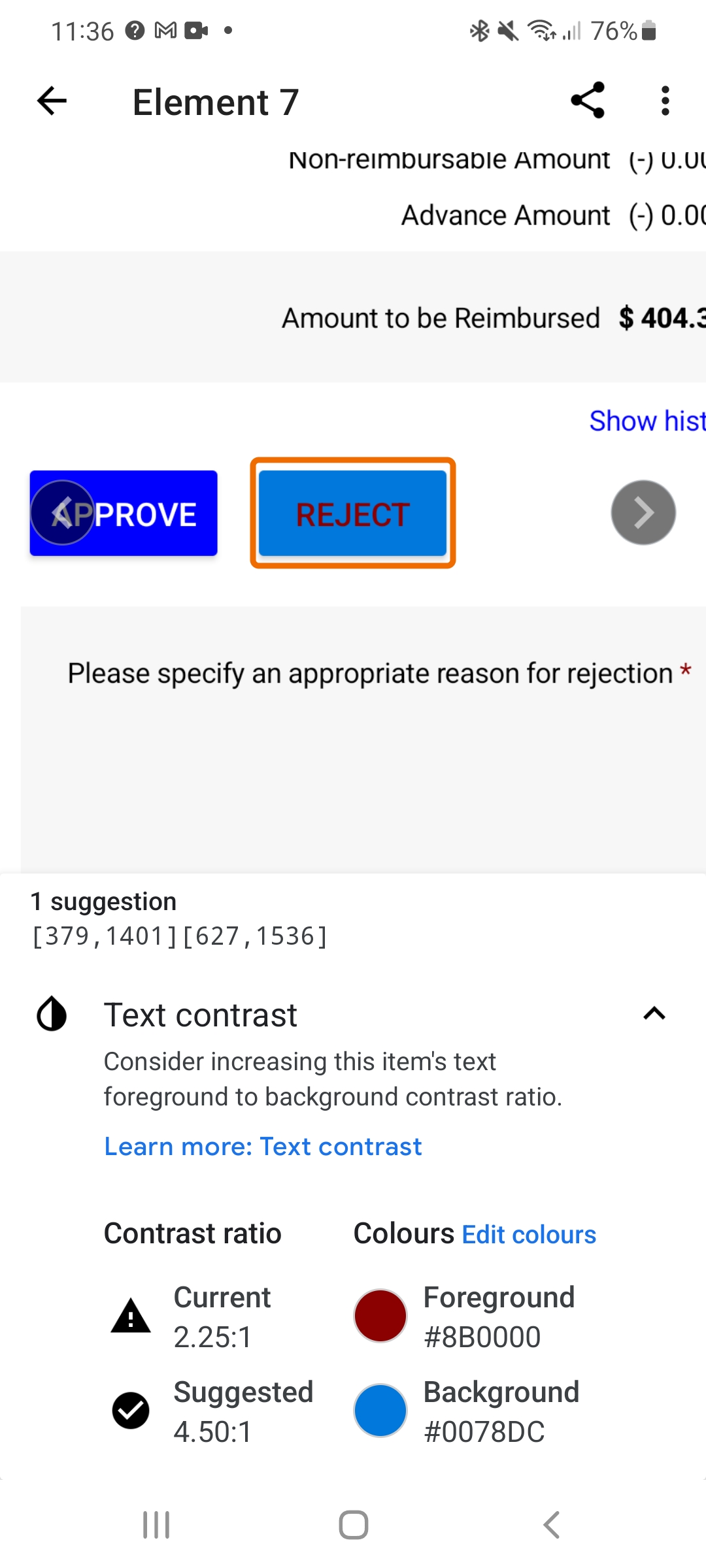 [Adaptive Cards- Import- Expense Report]: Luminosity ratio of 'Reject ...