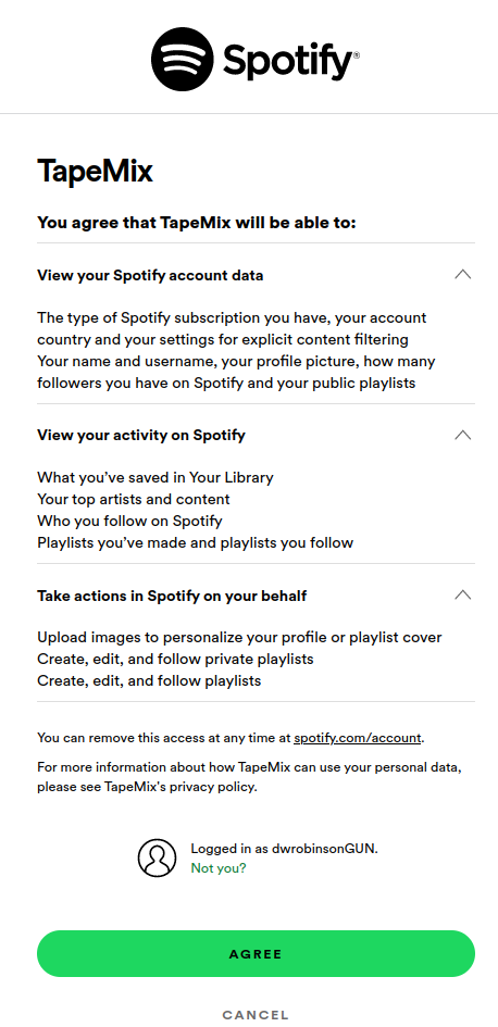 user gives TapeMix authorization to view and change their playlists
