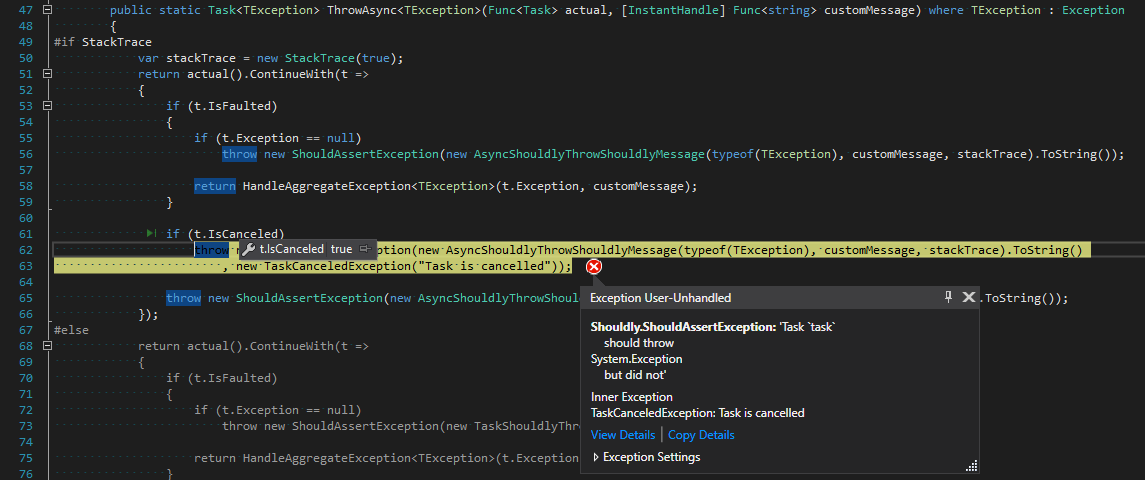 Should.ThrowAsync does seem to work correctly if the underlying Func ...