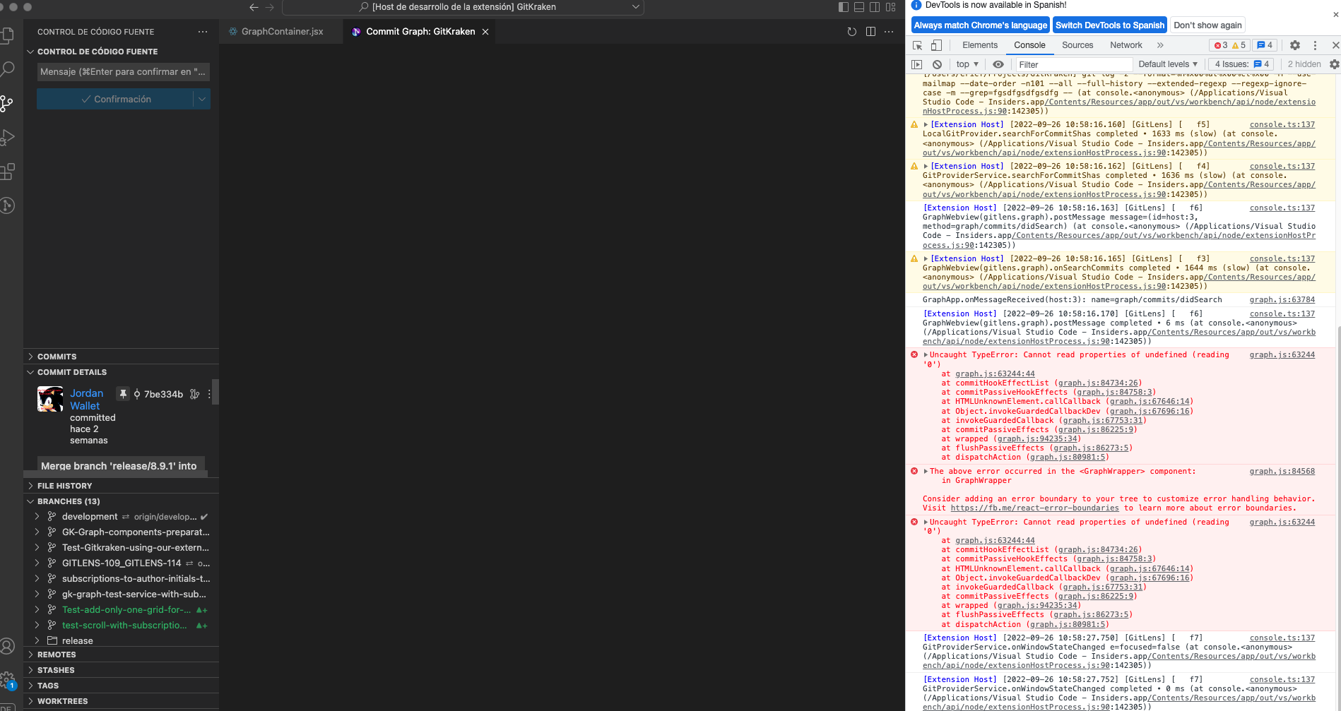 Javascript error when searching for a nonexistent commit in the graph
