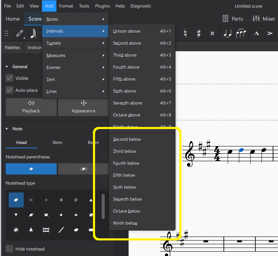 [MU4 Issue] Add - Intervals/Notes - Below doesn't work (Win/Linux ...