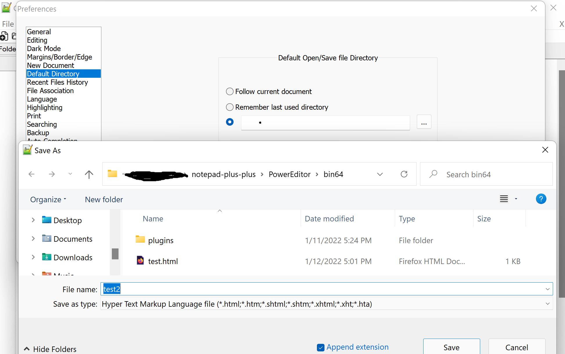 Save Dialog "Append Extension" doesn't work if Default Directory is