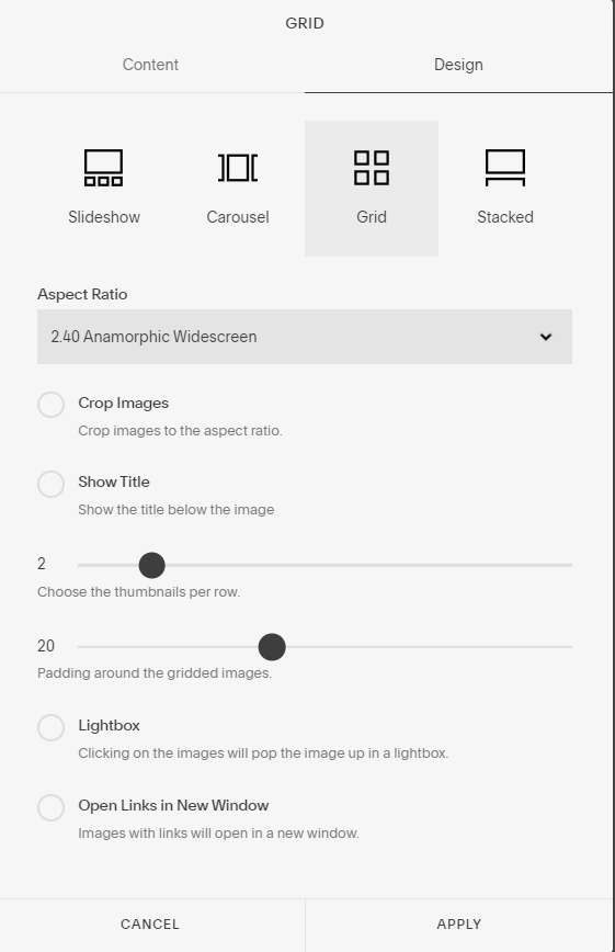Squarespace grid gallery controls