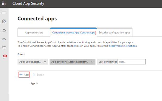 Screenshot of adding conditional access app control.