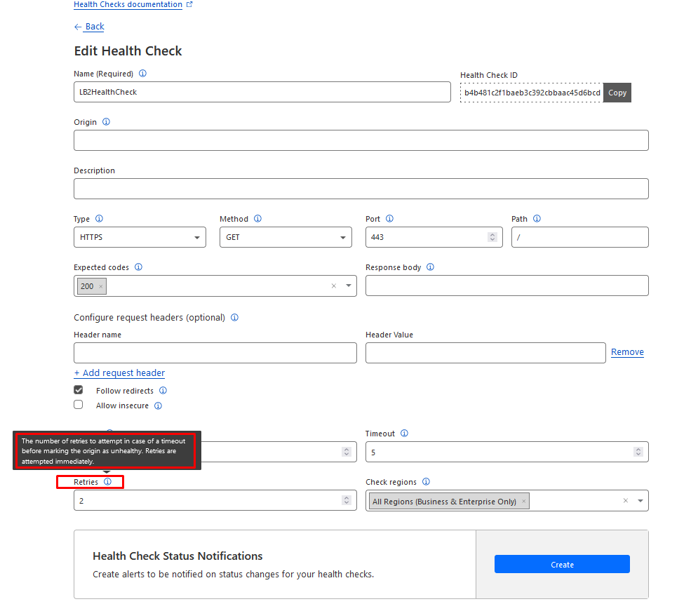 Create a Health Check "Health change thresholds" option does not