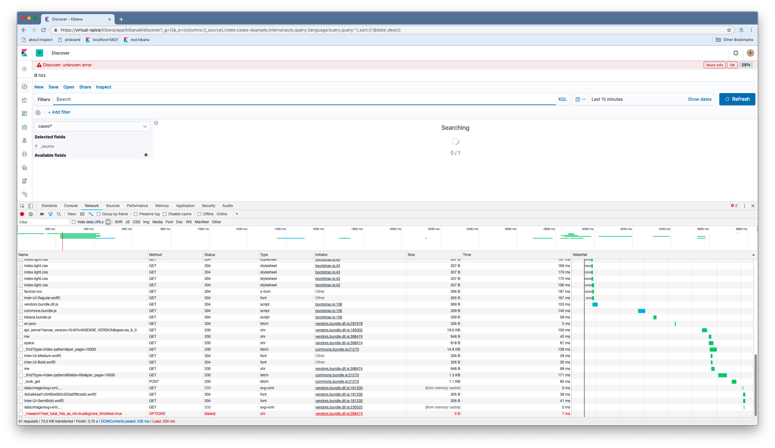 Data fetching on Discover and Visualize fails with `unknown error ...