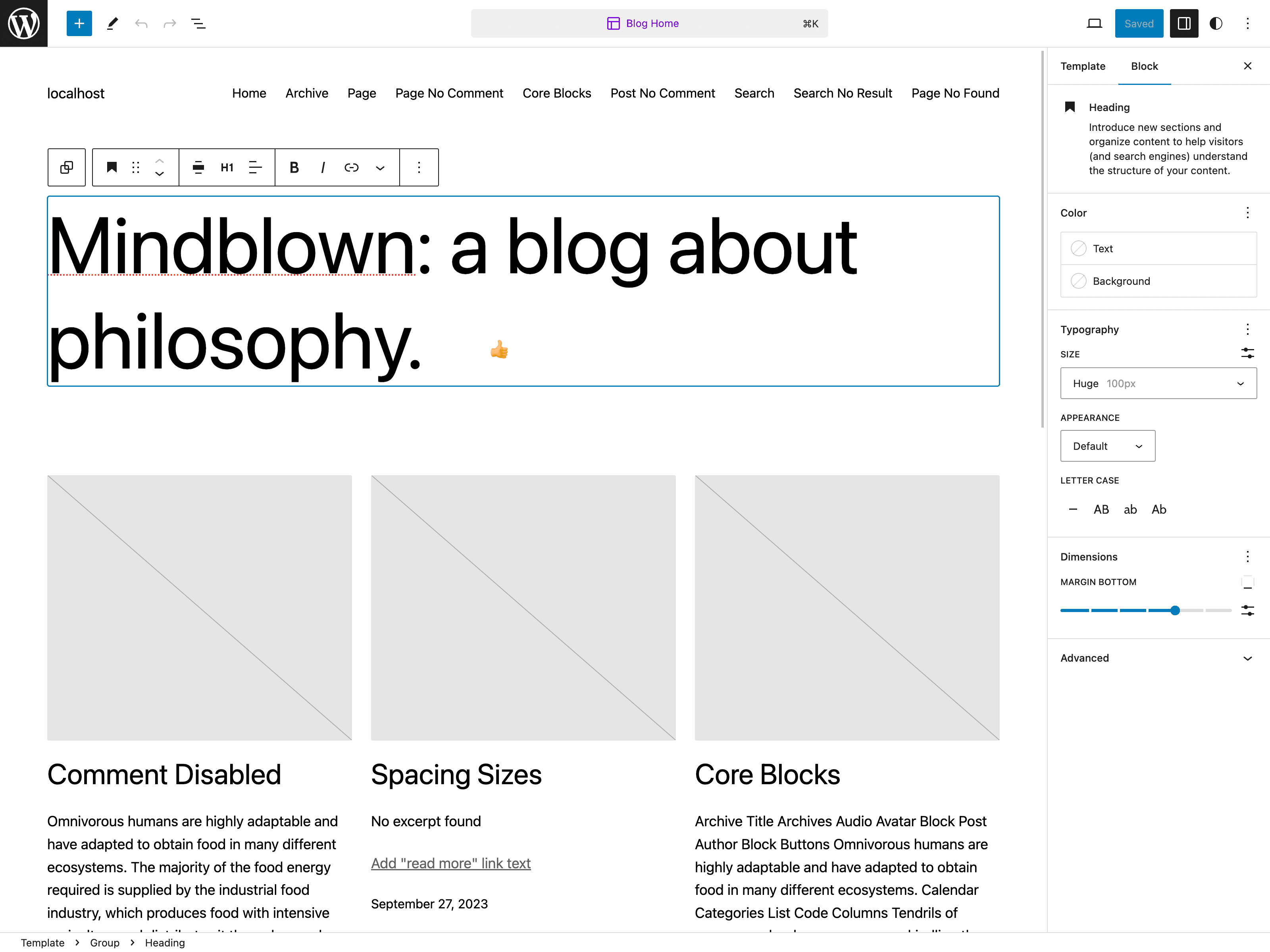 Font size huge does not respect the size specified in theme json