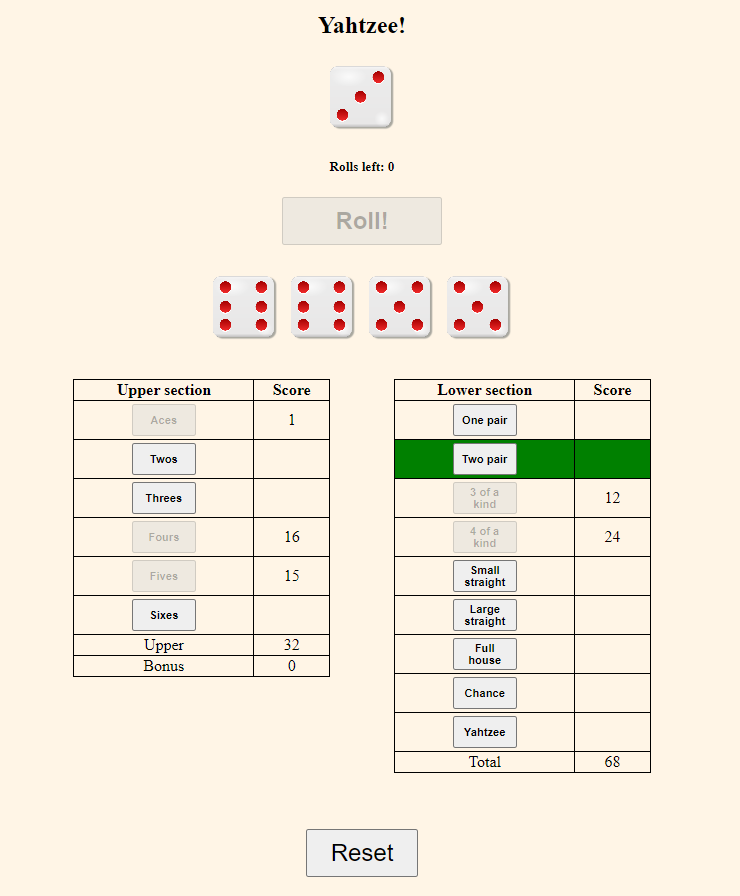 GitHub tvoul/vanillajsyatzy Yahtzee (dice game), vanilla JavaScript
